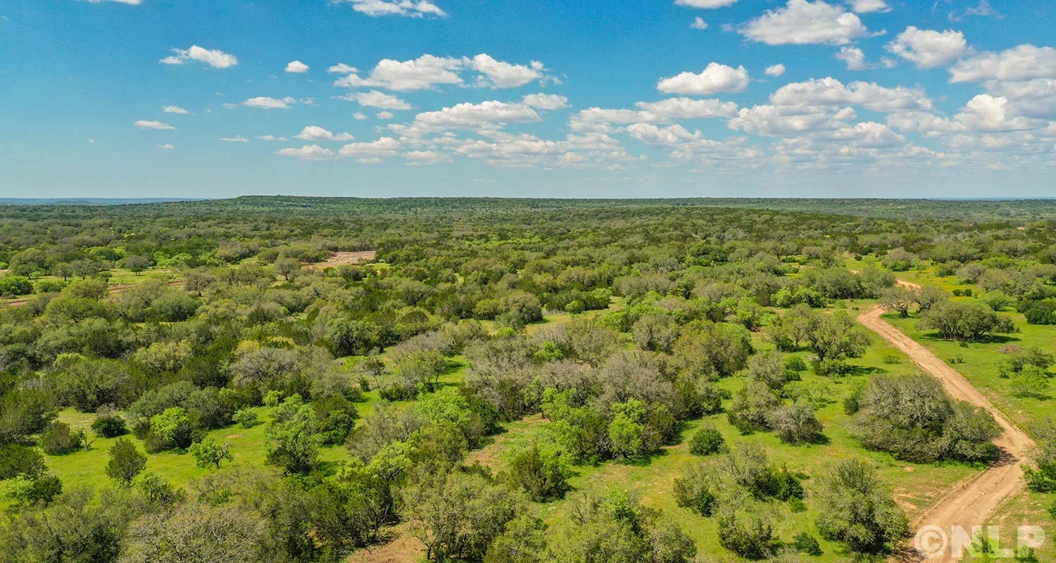 Aerial panorama of green Texas Hill Country